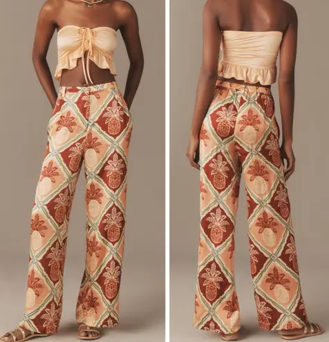 Farm Rio Pineapple Satin Wide-Leg Pants, Size L