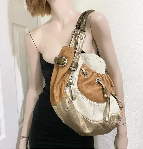 B Makowsky B. MAKOWSKY Tan Beige Gold Leather Slouchy Double Handle Shoulder Bag