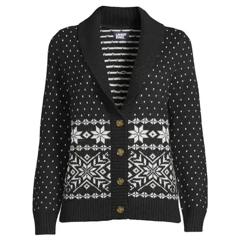 Lands’ End Women’s Wool Blend Cozy Lofty Jacquard Shawl Cardigan Sweater Black S