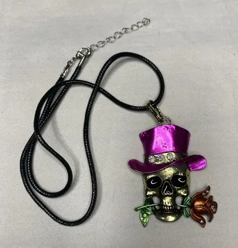 Skull Necklace Pink Top Hat Rose Pendant Gothic Halloween Costume Jewelry New Pink