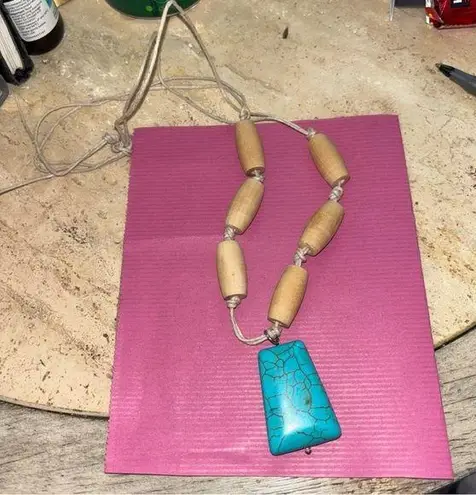 Turquoise Type Pendent Necklace Homemade Wooded Spools Corded Rope 14” Long Blue