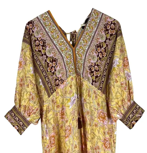 Aakaa Maxi Dress Womens L Yellow Floral Boho Ethnic Festival Indie Cottagecore