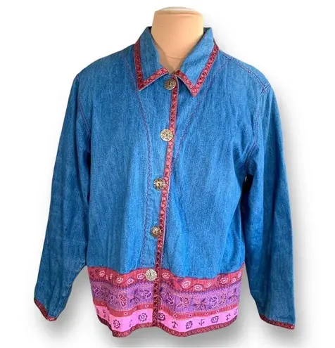 Vintage 90s Denim Jacket Pink Trim Medium Wash Floral Printed Shacket Large Blue