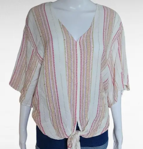 Tribal Fuchsia White Embroidered Vertical Stripe Tie Waist Blouse Size Large
