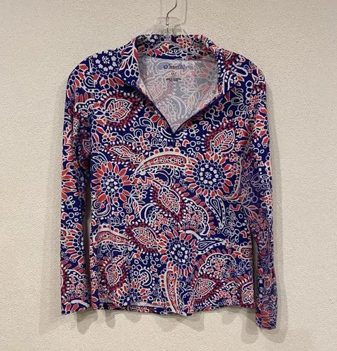 IBKUL Shirt Womens Small Blue Red White Paisley Quarter Zip Long Sleeve Golf