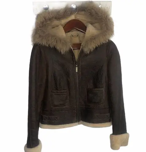 Blue Duck Leather Real Fur Bomber Coat Jacket M Brown Trim Medium