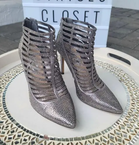 INC Kacela2 Caged pewter/silver rhinestone high heel booties sz 7.5