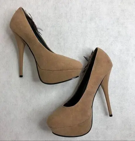 Tan Suede Feather Gemstone Pumps Brown Size 7