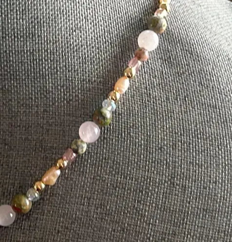 Handmade Freshwater Pearl + Rose Quartz + Unakite + Jasper Beaded Necklace