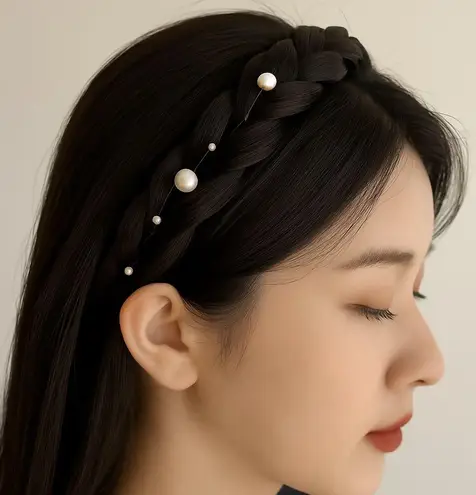 Braided Hair Headband with Pearls – Black Natural Look Costume Cosplay Accessory