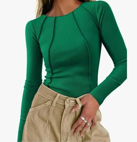 Kirundo Ribbed Top Green Women Pullover Long Sleeve Round Neck Crop Exposed Seam Size XL