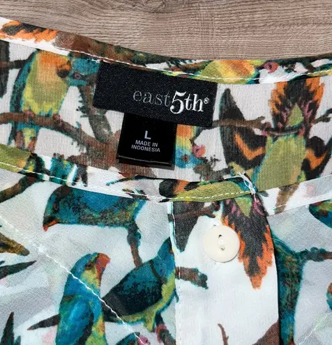 East 5th Women’s Bird Print Pleated Sheer Cap Short Sleeve Blouse Size Large
