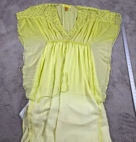 Catherine Malandrino kimono Maxi Dress Sheer Silk Yellow Drawstring L Fairy Y2K
