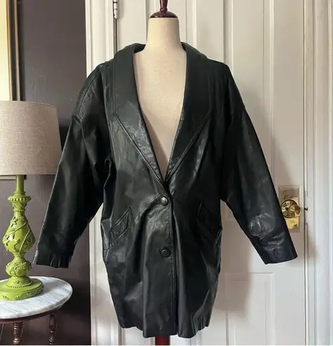 Vintage Leather Trench Jacket Puff Sleeve Button Front Black Oversized Large