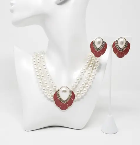 Faux Pearl & Enamel Layered Necklace Set White