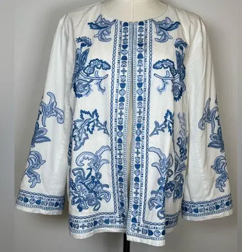 J.Jill Lightweight Embroidered Open Front Jacket 3/4 Sleeve Women’s Size Medium Blue