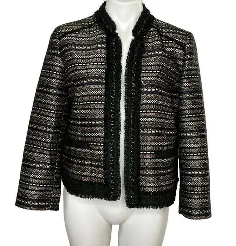 Chico's  Royal Tweed Jacket Black Gold Silver Open Blazer Bracelet Sleeve Sz 1 M 8