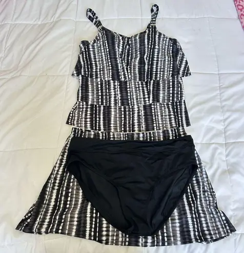 Susan Graver Tankini Top Swim Bottom And Skirt Womens 14 Black White 3 Piece