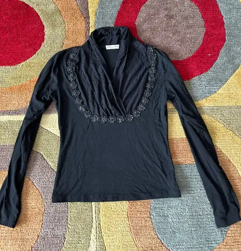 y2k 90’s style Vintage Retro Black Stretch Dressy Floral Sequin Long Sleeve Top