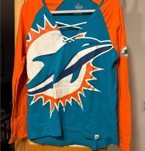 Majestic Women's Miami Dolphins  Aqua/Orange Long Sleeve Lace-Up V-Neck T-Shirt l
