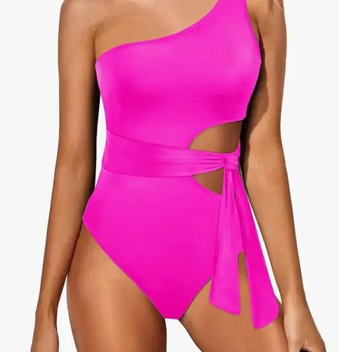 One Piece Fushia Pink  Suit One Shoulder Swimsuit Cutout Swimwear Monokini SMALL