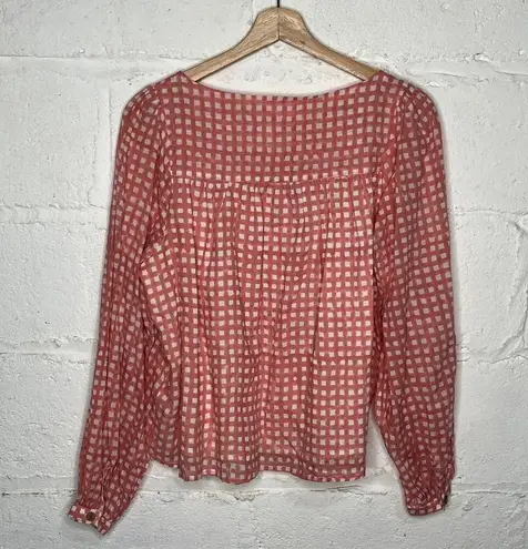 Emerson Fry Laurent Women's Blouse Pink Gingham Organic Cotton Peasant Top Small