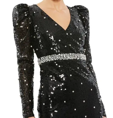 Mac Duggal NEW V Neck Sequin & Rhinestone Embellished High Slit Maxi Gown Black
