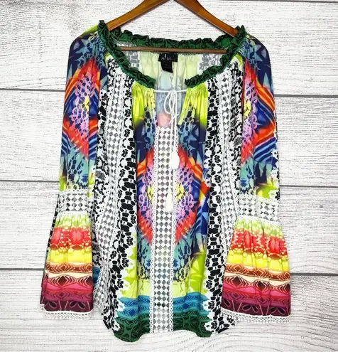 Alberto Makali Colorful Bohemian Bell Sleeve Top Size Medium Sheer Crochet Boho