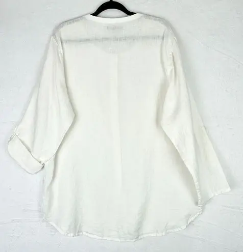 Flax Linen Button Front Long Sleeve Tunic Size Large White Lagenlook Roll Tab