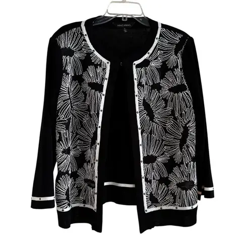 Ming Wang Floral Embroidered Knit Jacket Black and White Size L