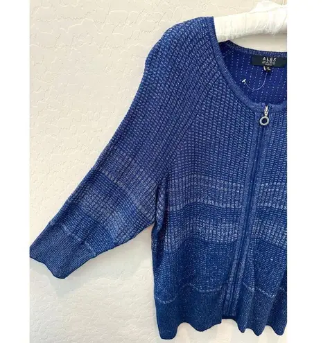 Alex Marie | Blue Metallic Knit Zip Cardigan Sweater | Size 1X