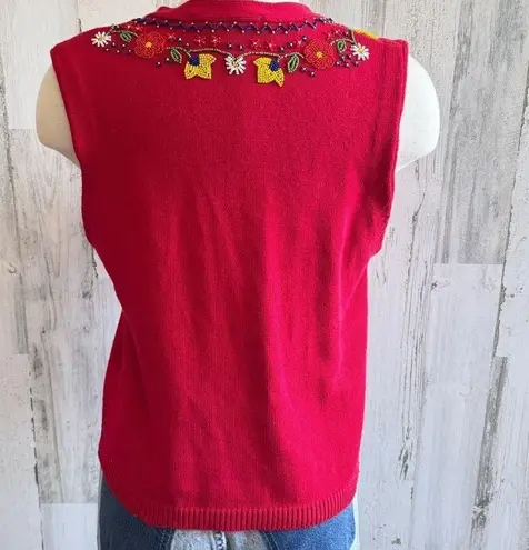 Vintage Floral Embroidered beaded Vest small Unique Embellished Knit boho Red