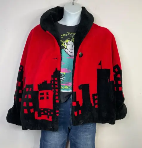 Nordic Lights Vintage 90s Fleece Jacket Cityscape Skyline City Red Black Women L Size L