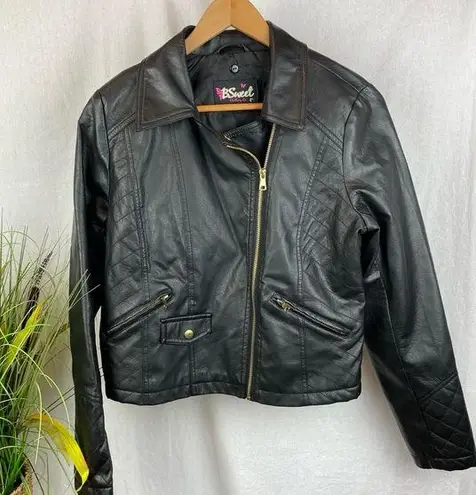 B Sweet Black Faux Vegan Leather Cropped Moto Zip Cropped Jacket L Size L