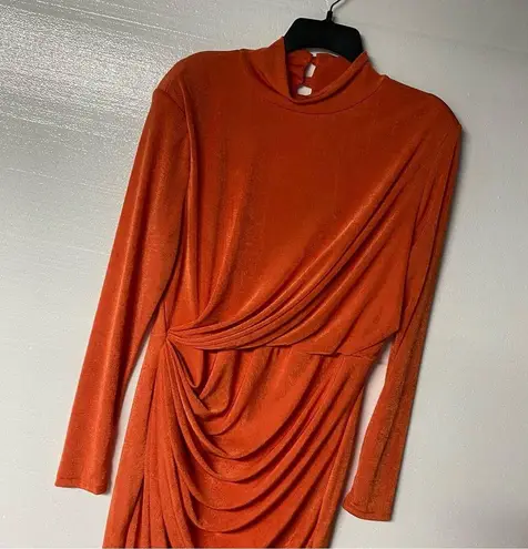 JLUXLABEL KARA MOCK NECK DRESS MIDI 2XL SLINKY STRETCH WAIST GATHERING ORANGE