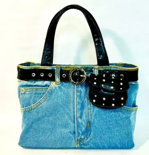 Y2K Denim Blue Jeans Purse with Studded Black Belt and Pouch