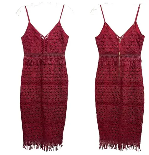 Saylor Margot Midi Dress Lace Fringe Lipstick Red Size XS