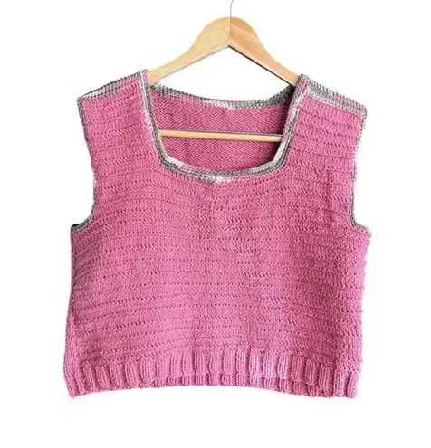 Handmade 80s Vintage Hand Knit Pink Square Neck Sweater vest | Size Large / Extra Large