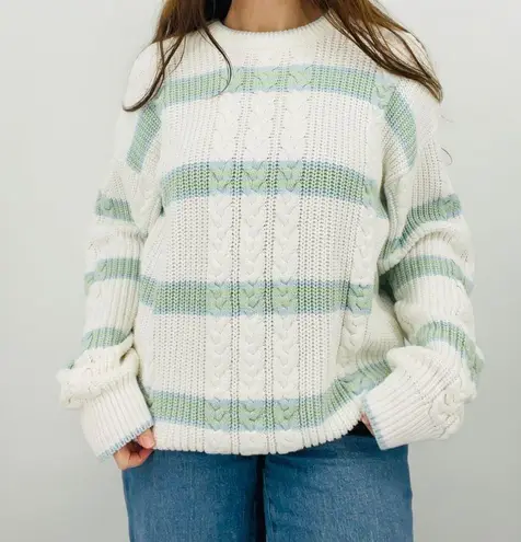 vtg coastal sage green carolina blue slouchy striped cable knit crewneck sweater Size L