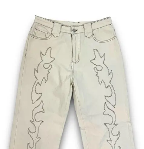 Et Clet Lightweight Denim Embroidered Jeans Wide Leg Western Cream Brown Medium