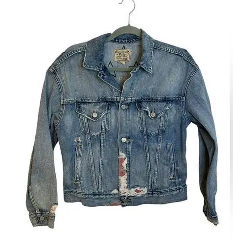 Polo Ralph Lauren Vintage Distressed American Flag Denim Jacket Blue Size M