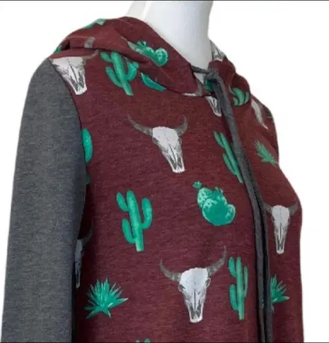 12PM by Mon Ami Cactus Western Pullover Hoodie Gray Burgundy Green Size Large