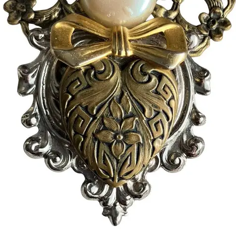 Vintage Signed Jane Brass Silver Mother of Pearl Angel Heart Brooch Steampunk Gold