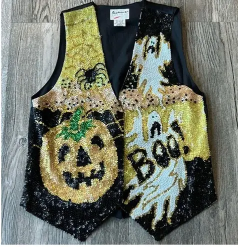 Vintage Fashion Fantasy Vest Black Sequined Halloween Vest Orange Size L