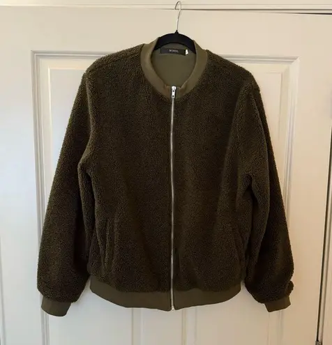 Women’s Sherpa Fleece Bomber Jacket Olive Green Size Large