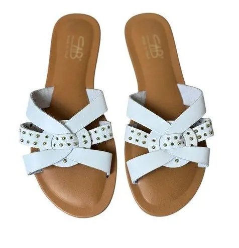 SAB Womens Slip On Flat Shoes White Gold Studs Sandals Size 8 Italy Minimalist