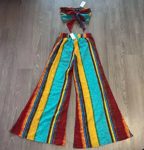 Cider Medium Boho Teal Red Green Multi Smocked Bandeau Top and Wide Pants Set