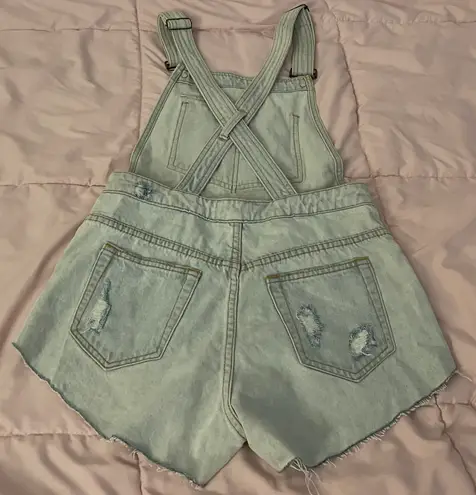 Glassons Denim Light Wash Distressed Overall Shorts Romper, size 8