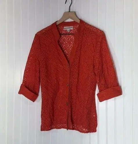 Rebecca Malone Orange Lace Cardigan Top M Cottagecore Boho Semi Sheer Coastal