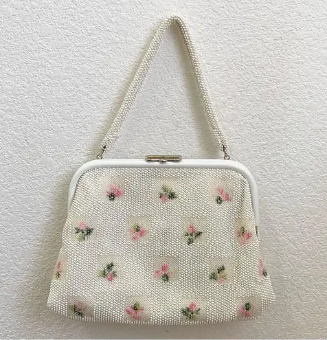 Vintage Beaded White Clutch Handbag with Dainty Flower Design